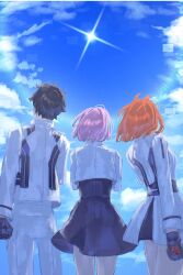  1girl 2boys black_gloves black_hair black_skirt command_spell dress fate/grand_order fate_(series) fujimaru_ritsuka_(female) fujimaru_ritsuka_(male) gloves group_picture highres jacket mash_kyrielight multiple_boys orange_hair pants purple_hair short_hair skirt suwa_(swk_kkk) watermark white_dress white_jacket white_pants 
