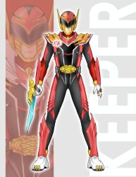  1boy bodysuit full_body fusion gozyuwolf helmet nastain no.1_sentai_gozyuger red_bodysuit red_helmet red_keeper sentai_daishikkaku smile solo_focus super_sentai tega_sword tokusatsu zoom_layer 