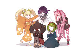  1boy 4girls ^_^ absurdly_long_hair arm_belt back_bow belt belt_buckle black_boots black_dress black_hat black_jacket black_scarf black_skirt blazer blonde_hair blunt_ends bob_cut boots bow bow_hairband brown_boots brown_sandals brown_vest buckle buttons cat_hair_ornament checkered_clothes checkered_scarf child closed_eyes closed_mouth collared_jacket collared_shirt commentary_request confetti covered_face danganronpa_(series) danganronpa_2:_goodbye_despair danganronpa_another_episode:_ultra_despair_girls danganronpa_v3:_killing_harmony double-breasted dress dress_shirt embarrassed eyes_visible_through_hair fake_horns floral_print footwear_bow footwear_ribbon frilled_dress frilled_skirt frills geta green_bow green_hair grey_pantyhose hair_between_eyes hair_bow hair_ornament hairband hand_on_own_hip hand_up hands_on_headwear happy hat hat_belt hiragi_rin horn_bow horn_hairband horn_ornament horns in-franchise_crossover jacket japanese_clothes kimono kneeling knees knees_up lace-up_boots lapels light_blush long_hair long_hair_between_eyes long_sleeves looking_at_another miniskirt multicolored_buttons multicolored_thighhighs multiple_belts multiple_girls neck_ribbon necktie notched_lapels obi oma_kokichi open_clothes open_jacket orange_kimono outstretched_arms own_hands_together pale_skin pants pantyhose pink_bow pink_eyes pink_hair pink_hairband pink_horns pink_necktie pink_thighhighs pleated_skirt pocket pointy_boots pointy_nose polka_dot polka_dot_bow print_kimono purple_hair red_belt red_bow red_hair red_hairband red_ribbon red_skirt ribbon saionji_hiyoko sandals sash scarf shadow shirt shirt_under_dress short_hair sidelocks simple_background sitting skirt sleeve_cuffs smile socks striped_clothes striped_thighhighs tabi thigh-highs thigh_belt thigh_strap towa_monaca twintails two-tone_scarf two-tone_thighhighs utsugi_kotoko very_long_hair vest white_background white_belt white_bow white_jacket white_pants white_ribbon white_scarf white_shirt white_socks white_thighhighs wide_sleeves witch_hat yellow_bow yellow_sash yukata yumeno_himiko zettai_ryouiki 