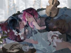  2girls alien_stage alternate_costume black_dress black_hair black_veil breasts commentary dress earrings elon_musk english_commentary envelope flower gloves highres instrument jewelry kakyoriya mizi_(alien_stage) multiple_girls notebook pearl_earrings pink_hair quill see-through_clothes see-through_veil shared_veil smile stuffed_animal stuffed_rabbit stuffed_toy sua_(alien_stage) teapot veil violet_eyes wax_seal white_dress white_flower white_gloves yellow_eyes yuri 