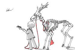  1girl absurdres animal_skeleton deer electric_guitar greyscale guitar highres holding holding_guitar holding_instrument instrument kaduise monochrome music original playing_instrument shirt short_hair signature simple_background spot_color standing t-shirt 