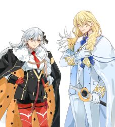  1boy 1girl alternate_hairstyle ascot black_bow black_coat black_shorts blonde_hair blue_ascot blue_bow bow braid cape closed_eyes closed_mouth coat coat_on_shoulders collared_shirt commentary_request diamond-shaped_pupils diamond_(shape) earrings fate/grand_order fate_(series) feathers frilled_sleeves frills fur-trimmed_coat fur_trim gloves gold_earrings gold_trim hair_between_eyes hair_over_shoulder hand_up hands_on_own_hips high-waist_shorts highres holding holding_staff hoop_earrings jacket jewelry kirschtaria_wodime long_hair long_sleeves looking_at_another low-tied_long_hair mage_staff necktie olga_marie_animusphere olga_marie_animusphere_(unbeast) open_clothes open_jacket open_mouth orange_eyes pants pantyhose red_gloves red_necktie red_pantyhose shirt shorts side_braid side_cape simple_background single_braid sleeve_cuffs smile staff standing suit sweater_guard symbol-shaped_pupils teeth tsengyun two-sided_cape two-sided_coat two-sided_fabric upper_teeth_only vest white_background white_cape white_feathers white_gloves white_hair white_jacket white_pants white_shirt white_suit white_vest 