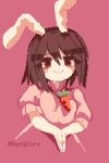  1girl :3 animal_ears bangs black_hair carrot_necklace closed_mouth cowboy_shot dress floppy_ears hair_between_eyes highres housulu inaba_tewi looking_at_viewer own_hands_together pink_background pink_dress pixel_art rabbit_ears rabbit_girl red_eyes short_hair simple_background smile solo symbol-only_commentary touhou twitter_username 