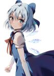  1girl bangs blue_bow blue_dress blue_eyes blue_hair bow bowtie cirno closed_mouth dress hair_bow highres ice ice_wings looking_at_viewer natsume_suzuri red_bow red_bowtie short_sleeves simple_background smile solo touhou upper_body white_background wings 