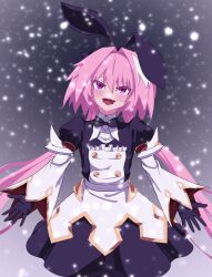  1boy absurdres astolfo_(fate) astolfo_(saber)_(fate) astolfo_(saber)_(third_ascension)_(fate) black_dress black_gloves blush bow bowtie darkkin dress fate/grand_order fate_(series) gloves gold_trim hair_bow hair_intakes hair_ribbon highres juliet_sleeves layered_skirt long_hair long_sleeves looking_at_viewer low_twintails multicolored_hair open_mouth pink_hair puffy_sleeves ribbon skirt smile snow solo streaked_hair twintails violet_eyes white_hair white_skirt wide_sleeves 