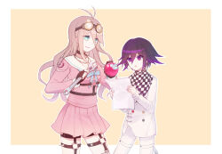  1boy 1girl :o antenna_hair arm_belt barbed_wire belt belt_buckle black_choker black_gloves black_scarf blonde_hair blue_bow blue_bowtie blue_eyes bomb border bow bowtie breasts brown-framed_eyewear buckle buttons checkered_clothes checkered_scarf chest_belt choker collarbone colored_tips commentary_request cowboy_shot danganronpa_(series) danganronpa_v3:_killing_harmony double-breasted explosive eyelashes eyes_visible_through_hair fingerless_gloves gloves goggles goggles_on_head hair_between_eyes happy height_difference hiragi_rin holding holding_bomb holding_paper holding_wrench iruma_miu jacket jewelry large_breasts layered_sleeves long_hair long_hair_between_eyes long_sleeves multicolored_buttons multicolored_hair multiple_belts necklace o-ring o-ring_belt oma_kokichi open_belt open_mouth outline outside_border over-kneehighs pale_skin paper paper_stack pink_serafuku pink_shirt pokemon_(creature) purple_hair round_eyewear sailor_collar scarf school_uniform serafuku shirt short_hair simple_background sleeves_past_wrists smile socks spiked_belt standing striped_clothes striped_socks studded_belt thigh-highs thigh_belt thigh_strap torn_clothes torn_jacket two-tone_scarf vertical-striped_clothes vertical-striped_socks very_long_hair violet_eyes white_belt white_border white_jacket white_outline white_sailor_collar white_scarf white_socks wrench yellow_background 