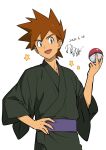  1boy :d bangs brown_hair commentary_request dated gary_oak grey_eyes hand_on_hip highres holding holding_poke_ball japanese_clothes kimono male_focus one-hour_drawing_challenge open_mouth poke_ball poke_ball_(basic) pokemon pokemon_(anime) purple_sash sash short_hair signature smile solo spiky_hair star_(symbol) tamura_(kouititamura) tongue white_background 