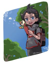  1boy antenna_hair backpack bag black_hair blue_eyes border brown_bag commentary_request goh_(pokemon) grey_shirt grookey highres holding holding_phone lugia male_focus medium_hair on_shoulder outdoors pants phone pokemon pokemon_(anime) pokemon_(creature) pokemon_journeys pokemon_on_shoulder pokesumomo rotom rotom_phone shirt short_sleeves sky tree twitter_username white_border 