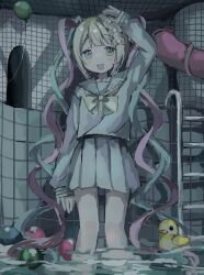 1girl :d arm_up balloon blonde_hair blue_bow blue_eyes blue_hair blue_skirt blush bow bowtie chouzetsusaikawa_tenshi-chan hair_bow hair_ornament highres indoors iridescent_clothes long_hair long_sleeves looking_at_viewer multicolored_hair multiple_hair_bows muted_color needy_girl_overdose open_mouth partially_submerged pink_bow pink_hair pleated_skirt pool pool_ladder quad_tails rubber_duck sailor_collar school_uniform serafuku shirt skirt smile solo standing tile_wall tiles very_long_hair wading water yellow_bow yellow_bowtie yukitomo_(motcha111) 