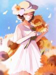  1girl alternate_costume bangs blush brown_hair commentary_request dress flower hat hat_flower highres holding holding_flower jewelry kantai_collection kishinami_(kancolle) necklace petals ranran_3939 short_hair short_sleeves simple_background smile solo sundress sunflower twitter_username white_dress yellow_eyes yellow_flower 