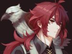  1boy animal_on_shoulder bangs bird bird_on_shoulder black_background black_shirt closed_mouth commentary diluc_(genshin_impact) feathers genshin_impact gloves long_hair male_focus ponytail red_eyes redhead shirt simple_background togatamaki upper_body vest white_vest 