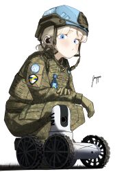  1girl absurdres camouflage camouflage_jacket camouflage_pants combat_helmet digital_camouflage drone gruppe helmet highres jacket machinery military military_combat_uniform military_fatigues military_uniform original pants robot soldier tactical_clothes united_nations wheel woodland_camouflage 