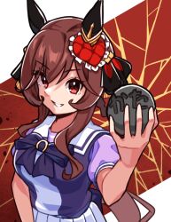  1girl animal_ears bow bowtie braid braided_hair_rings breasts brown_hair chipushishi ear_covers ear_ornament gentildonna_(umamusume) hair_between_eyes hair_ornament hair_rings heart-shaped_ornament heart_ear_ornament highres holding horse_ears horse_girl horse_tail large_breasts long_hair looking_at_viewer metal_ball open_mouth pleated_skirt puffy_short_sleeves puffy_sleeves purple_bow purple_bowtie purple_shirt red_eyes sailor_collar sailor_shirt school_uniform shirt short_sleeves skirt smile solo strong tail tracen_school_uniform umamusume white_sailor_collar white_skirt 