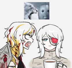  2girls ai-generated_art_(topic) armor blonde_streaks blood blood_in_hair blood_on_clothes blue_eyes closed_mouth faust_(project_moon) highres limbus_company meme multicolored_hair multicrack_office_(identity)_(project_moon) multiple_girls n_corp._fanatic_(identity)_(project_moon) ohzv open_mouth pauldrons project_moon short_hair shoulder_armor sidelocks steam streaked_hair upper_body wax_seal white_background white_hair wide-eyed 