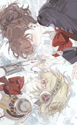 2girls :d absurdres aigis_(persona) android black_jacket blonde_hair blue_eyes blush bow bowtie brown_hair clar_sona closed_eyes commentary_request crying crying_with_eyes_open gekkoukan_high_school_uniform gold_hairband hair_ornament hairband hairclip highres holding_hands jacket joints korean_commentary looking_at_another lying multiple_girls on_side open_mouth parted_lips persona persona_3 persona_3_portable portrait red_bow red_bowtie robot_ears robot_joints rotational_symmetry school_uniform shiomi_kotone short_hair smile snow tears yuri 