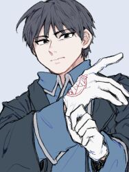  1boy adjusting_clothes adjusting_gloves amestris_military_uniform black_eyes black_hair black_shirt blue_jacket choppy_bangs closed_mouth commentary fullmetal_alchemist gloves grey_background highres jacket long_sleeves looking_at_viewer male_focus okubatomaeba one-hour_drawing_challenge roy_mustang shirt short_hair simple_background solo upper_body white_gloves 