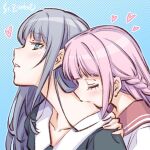  2girls bangs biting black_dress blue_background blue_eyes blue_hair blunt_bangs closed_eyes dress heart kamihama_university_affiliated_school_uniform long_hair magia_record:_mahou_shoujo_madoka_magica_gaiden mahou_shoujo_madoka_magica multiple_girls nanami_yachiyo open_mouth pink_hair school_uniform sidelocks studiozombie tamaki_iroha yuri 