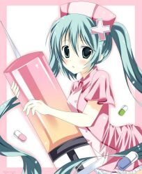 1girl 2000s_(style) :o absurdly_long_hair alternate_costume aqua_eyes aqua_hair blush buttons cowboy_shot cute eyebrows_visible_through_hair female frame frills girl hair_between_eyes hair_ornament hairclip hatsune_miku holding holding_syringe koiiro_byoutou_(vocaloid) looking_at_viewer love_color_ward_(vocaloid) needle nurse nurse_cap nurse_uniform open_mouth oversized_object pill pink_dress pink_nurse_uniform short_sleeves solo syringe twintails vocaloid yuny_666