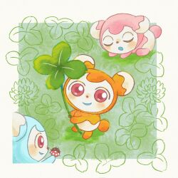  blush border bug clover commentary_request conachun flower four-leaf_clover highres holding holding_plant ladybug livly_island no_humans open_mouth plant pygmy_(livly_island) red_eyes sleeping white_border 