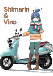  1girl blue_hair boots brown_boots coat commentary_request full_body green_pants hair_bun hoihoi_(sonokoi) knee_boots motion_lines motor_vehicle pants scarf scooter shima_rin single_hair_bun sleeves_past_wrists solo striped_clothes striped_scarf violet_eyes winter_clothes winter_coat yamaha yamaha_vino yurucamp 