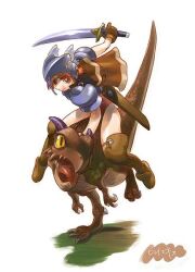  1girl archived_source armor bad_link boots brown_boots brown_cape brown_eyes brown_leotard brown_tail cape claws closed_mouth dinosaur fantasy full_body helmet hirai_yukio holding holding_weapon horns leather leather_boots leotard machete matches nostrils open_mouth orange_hair original pauldrons purple_horns riding riding_dinosaur sheath shoulder_armor silver_armor simple_background slit_pupils small_horns smile thigh_boots unsheathed weapon white_background winged_helmet yellow_eyes 