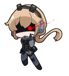  1girl angry bangs blonde_hair blush body_armor bulletproof_vest chibi commission commissioner_upload fleeing full_body girls&#039;_frontline_2:_exilium hair_between_eyes headphones kurotofu load_bearing_equipment load_bearing_vest long_hair long_sleeves multiple_girls ots-14_(girls&#039;_frontline) ponytail pouch running solo tactical_clothes weapon 
