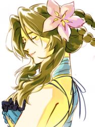  aerith_gainsborough_(garb_of_the_possessed) bandaged_arm bandaged_neck bandages blue_negligee braid braided_hair_rings breasts closed_eyes cosplay emi-bianchi final_fantasy final_fantasy_vii final_fantasy_vii:_ever_crisis flower hair_flower hair_ornament hair_rings highres kaine_(nier) kaine_(nier)_(cosplay) light_blush light_smile medium_breasts negligee official_alternate_costume parted_bangs pink_flower sidelocks single_bare_shoulder sketch twitter_username wavy_hair white_background 