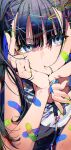  1girl bandaid bandaid_on_arm bandaid_on_cheek bandaid_on_face black_hair blue_eyes fingernails green_nails hair_in_mouth hair_ornament hairclip hand_up head_tilt highres jewelry long_hair looking_at_viewer mika_pikazo nail_polish original parted_lips ring solo twintails upper_body v 
