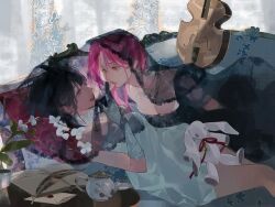  2girls alien_stage alternate_costume black_dress black_hair black_veil breasts commentary dress earrings english_commentary envelope flower gloves instrument jewelry kakyoriya mizi_(alien_stage) multiple_girls notebook pearl_earrings pink_hair quill see-through_clothes see-through_veil shared_veil smile stuffed_animal stuffed_rabbit stuffed_toy sua_(alien_stage) teapot veil violet_eyes wax_seal white_dress white_flower white_gloves yellow_eyes yuri 