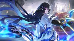  1girl absurdres bad_link black_gloves black_hair black_horns blue_fire blue_flower blue_hair burnt_clothes claw_(weapon) claws colored_inner_hair demon_tail dress fire flower game_cg gloves glowing glowing_eyes hair_between_eyes hair_ornament highres honkai:_star_rail honkai_(series) horns looking_at_viewer looking_back multicolored_hair official_art parted_lips solo stairs tail the_dahlia_(honkai:_star_rail) throne two-tone_hair violet_eyes weapon white_dress 