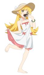  1girl absurdres blonde_hair blush_stickers bracelet collarbone doughnut dress eating fang feet food full_body hat highres holding holding_donut holding_food jewelry long_hair monogatari_(series) open_mouth oshino_shinobu pink_dress pink_ribbon pointy_ears ri-el ribbon solo standing standing_on_one_leg straw_hat two-tone_dress white_background white_dress yellow_eyes 