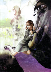  1girl absurdres amulet bound bound_wrists brown_hair bug butterfly closed_eyes dark_persona hair_over_eyes highres jewelry kazuma_kaneko multiple_persona necklace official_art persona persona_1 photoshop_(medium) school_uniform shiraishi_megumi_(colorist) signature socks sonomura_maki st._hermelin_school_uniform third-party_source white_socks 