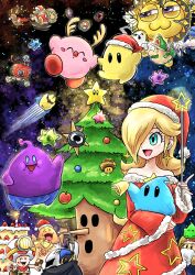  bell blonde_hair blue_cape blue_eyes cake cake_slice cape captain_toad chef_kawasaki christmas christmas_tree colored_skin crossover dress fake_antlers fake_beard fake_facial_hair fake_nose flying_mario food galactic_nova gooey_(kirby) gordo hair_over_one_eye hat highres holding holding_wand kicdon king_dedede kirby kirby_(series) lubba luma_(mario) mario maxim_tomato meta_knight purple_skin rosalina santa_costume santa_dress santa_hat sleigh star_(sky) star_(symbol) star_bit star_rod starman_(kirby) starship_mario super_mario_bros. super_mario_galaxy super_mario_galaxy_2 super_mushroom super_star_(mario) toad_(mario) waddle_dee wand whispy_woods 