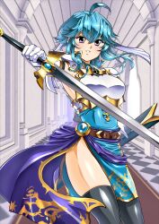  1girl absurdres ahoge armor armpits belt black_thighhighs blue_hair blue_tunic blush breastplate breasts brooch commission commissioner_upload covered_navel earrings elbow_gloves fire_emblem fire_emblem:_genealogy_of_the_holy_war gloves hallway hand_up headband highres holding holding_sword holding_weapon indoors jewelry looking_at_viewer medium_breasts original pelvic_curtain popped_collar retro_artstyle sash selia_(mrtalkingdino) sheath shoulder_armor sidelocks skeb_commission skindentation sleeveless smile solo standing sword thigh-highs thighs tomboy tunic urushihara_satoshi_(style) violet_eyes weapon white_headband yukinyan-do 