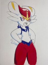  1girl animal_ears animal_hands animal_nose blue_fur body_fur bright_pupils buck_teeth cinderace colored_pencil_(medium) commentary cowboy_shot english_commentary flat_chest furry furry_female groin hands_on_own_hips highres j.jama looking_afar multicolored_fur open_mouth pokemon pokemon_(creature) rabbit_ears rabbit_girl rabbit_tail red_eyes red_fur red_hair short_hair short_tail simple_background solo standing tail teeth traditional_media white_background white_fur white_pupils 