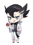  1boy bangs black_footwear black_hair black_scarf blue_eyes chibi commentary_request full_body grey_hair grimsley_(pokemon) holding holding_poke_ball japanese_clothes kimono korean_commentary long_hair looking_at_viewer lowres male_focus mongguri multicolored_hair open_mouth poke_ball poke_ball_(basic) pokemon pokemon_(game) pokemon_sm raised_eyebrows scarf shoes smile solo standing two-tone_hair white_kimono 