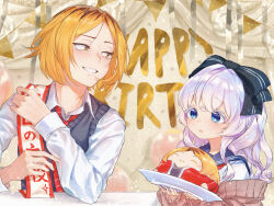  1boy 1girl :o birthday_party birthday_sash blonde_hair blue_eyes blush cardigan character_request commission copyright_request grey_sweater_vest happy_birthday highres holding holding_plate long_hair long_sleeves looking_at_another okubatomaeba open_mouth parted_bangs pink_cardigan plate shirt short_hair smile sweater_vest white_hair white_shirt yellow_eyes 
