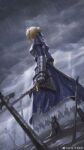  1girl ahoge alicia47638 armor armored_dress artoria_pendragon_(fate) blonde_hair blue_dress bow breastplate chinese_commentary clouds cloudy_sky commentary_request dress dutch_angle facing_away fate/grand_order fate_(series) foot_out_of_frame from_behind gauntlets greaves grey_sky hair_bow hair_bun highres holding holding_sword holding_weapon legs_apart light_rays outdoors planted planted_sword rain realistic saber short_hair sky solo standing sword torn_clothes weapon weibo_logo weibo_username wet wet_clothes 
