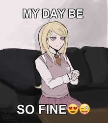  1girl ahoge akamatsu_kaede artist_name blonde_hair breasts collared_shirt couch danganronpa_(series) danganronpa_v3:_killing_harmony emoji english_text hair_ornament long_hair long_sleeves meme musical_note musical_note_hair_ornament my_day_be_so_fine_then_boom_(meme) necktie pastahands pink_sweater_vest pink_vest pleated_skirt shirt sitting skirt smile sweater_vest vest violet_eyes white_shirt 