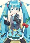  1girl :p aona_(noraneko) bangs banner blue_eyes blush bow collared_shirt confetti cupcake detached_sleeves food hair_ornament hand_on_own_chin hands_up hatsune_miku headphones headset highres holding holding_food long_hair long_sleeves looking_at_viewer microphone nail_polish necktie on_lap plate shirt sitting skirt sleeveless sleeveless_shirt solo spring_onion tie_clip tongue tongue_out twintails very_long_hair vocaloid 