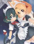  2girls alternate_costume animal_ears apron black_dress black_gloves black_hair blonde_hair blue_eyes blush bow bowtie cat_ears cat_girl cat_tail commentary dress enmaided extra_ears girutea gloves highres kaban_(kemono_friends) kemono_friends kemonomimi_mode looking_at_viewer maid maid_headdress matching_outfit multiple_girls night night_sky pantyhose puffy_short_sleeves puffy_sleeves ransusan red_bow red_bowtie serval_(kemono_friends) short_hair short_sleeves sky smile tail tail_bow tail_ornament thigh-highs white_apron white_legwear yellow_eyes zettai_ryouiki 