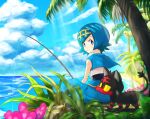  1girl absurdres alolan_exeggutor blue_eyes blue_hair blue_pants bright_pupils clouds commentary_request day fishing_line fishing_rod flower hairband highres kunimaki_(szxo7vln2nssgce) lana_(pokemon) litten looking_at_viewer looking_back no_sclera one-piece_swimsuit outdoors palm_tree pants pink_flower pokemon pokemon_(creature) pokemon_(game) pokemon_sm shirt short_hair sitting sky sleeveless sleeveless_shirt swimsuit swimsuit_under_clothes tree white_pupils white_shirt yellow_hairband 