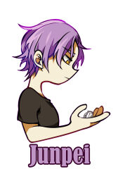  1boy black_shirt character_name chinese_commentary closed_mouth commentary_request from_side holding holding_jewelry holding_ring jewelry junpei_(kyokugen_dasshutsu) kyokugen_dasshutsu male_focus melon_(weibo_1846017107) purple_hair ring shirt short_hair short_sleeves simple_background solo white_background yellow_eyes zero_escape:_toki_no_dilemma 