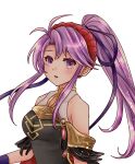  1girl bangs bare_shoulders black_dress breasts dress earrings fire_emblem fire_emblem:_genealogy_of_the_holy_war fire_emblem_heroes hair_ribbon highres jewelry long_hair looking_at_viewer official_alternate_costume open_mouth ponytail purple_hair ribbon run_illust solo tailtiu_(fire_emblem) upper_body violet_eyes white_background 