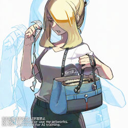 1girl blonde_hair blue_bag clenched_teeth cowboy_shot cynthia_(pokemon) hair_over_one_eye haraya holding holding_strap medium_hair mixed-language_commentary pants pokemon pokemon_masters_ex reading shirt short_sleeves sidelocks solo teeth watermark 