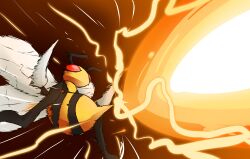  absurdres antennae beedrill beedrill_string_shot_(meme) bones_dio bug colored_skin commentary derivative_work energy_beam english_commentary flying full_body highres hyper_beam_(pokemon) insect_wings meme no_humans pokemon pokemon_(creature) pokemon_focus pokemon_move pokemon_stadium red_eyes screenshot_redraw solo twitter wasp wings yellow_skin 