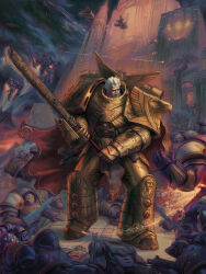  6+boys adeptus_astartes anti-aircraft_gun aquila_(symbol) armor banner battle_damage battle_standard bolter breastplate building cape chainsword chaos_(warhammer) chaos_space_marine commentary corpse death demon emperor's_children english_commentary flying full_armor gem gold_armor gorget green_gem heavy_bolter helmet highres holding holding_weapon imperial_aquila imperium_of_man jeff_porter jetpack long_hair multiple_boys pauldrons power_armor primarch purple_armor red_gem rogal_dorn roman_numeral short_hair shoulder_armor skyscraper standing storm's_teeth surrounded sword the_auric_armor tower war_banner warhammer_40k weapon white_hair 