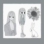  1girl ankle_boots boots border closed_mouth earrings flower grey_border highres jacket jewelry jitome long_hair looking_at_viewer miniskirt mole mole_under_eye multiple_views narue open_clothes open_jacket original rabbit shirt simple_background skirt standing sunflower white_background 