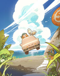  bandana bandana_waddle_dee black_eyes blue_bandana blue_sky blush_stickers bright_pupils bug car car-mouth_kirby closed_eyes clouds cloudy_sky commentary_request cumulonimbus_cloud elfilin happy harukui highres horizon kirby kirby_(series) kirby_and_the_forgotten_land ladybug motor_vehicle mouthful_mode no_humans no_mouth outdoors sky summer water white_pupils 