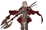 1girl ashiwara_yuu axe breasts cape closed_mouth edelgard_von_hresvelg fire_emblem fire_emblem:_three_houses fire_emblem_warriors:_three_hopes gloves hair_ornament hair_ribbon highres long_hair long_sleeves looking_at_viewer official_alternate_costume official_alternate_hairstyle red_cape ribbon simple_background skirt solo violet_eyes white_hair 